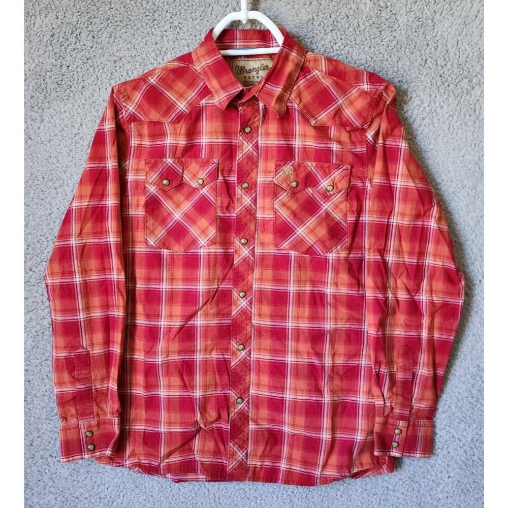 Wrangler Retro Red Plaid Long Sleeve Snap Western Shirt Youth Size‎ XL Cotton